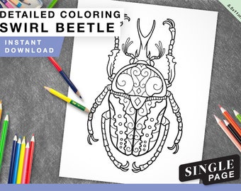 Printable Coloring Page for Grownups - Swirl Beetle Instant Download