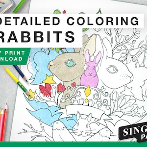 Printable Coloring Page for Grownups - Rabbit Bunnies Woodland Animal Single