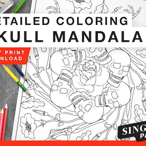 Printable Coloring Page for Grownups - Skull Mandala Fall Single