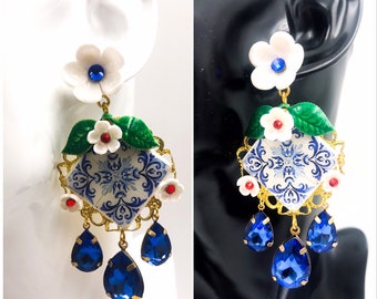 Boucles d'oreilles siciliennes, boucles d'oreilles baroques, boucles d'oreilles carreaux, boucles d'oreilles fleurs et azujelos, boucles d'oreilles fleurs. SUR COMMANDE