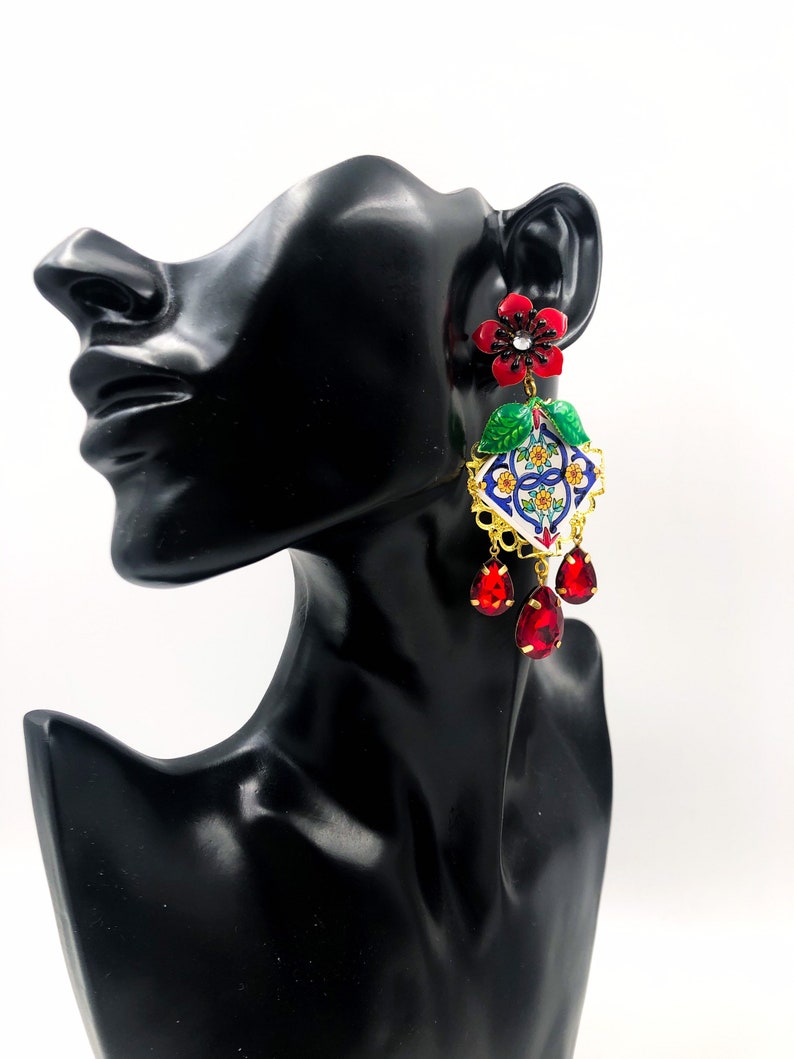 tile earrings with birds baroque earrings tile earrings Sicilian earrings READY TO SHIP flower earrings