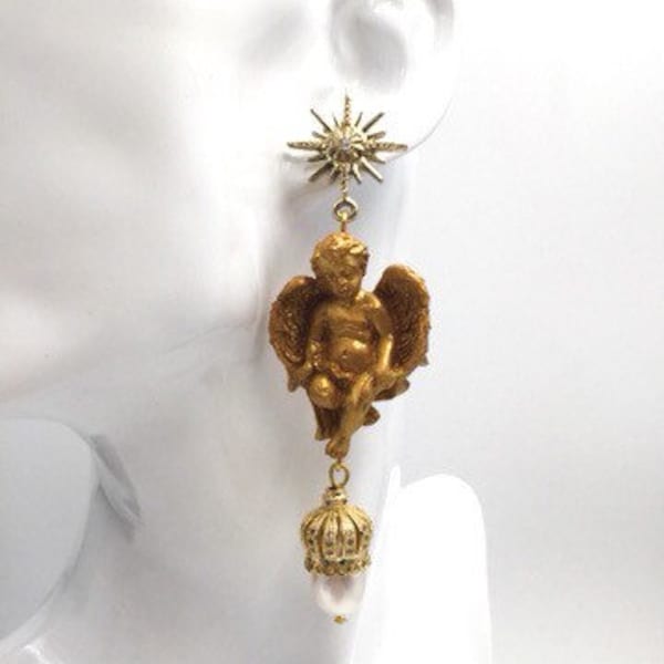 Angel earrings, ex voto angel and river pearls, cherub earrings, Sicilian cherub earrings, baroque earrings. MADE TO ORDER