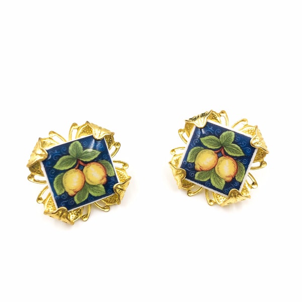 Sicilian earrings, baroque earrings, mini tile earrings, polymer ceramic earrings, lemon earrings. MADE TO ORDER