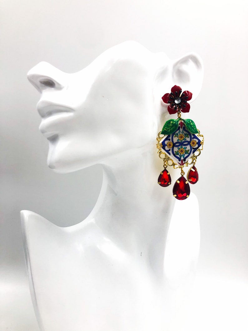 tile earrings with birds baroque earrings tile earrings Sicilian earrings READY TO SHIP flower earrings