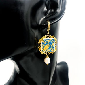 blue and yellow earrings, Sicilian earrings, blue and yellow tile earrings, polymer ceramic earrings, azulejos. MADE TO ORDER