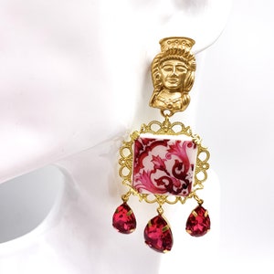 Sicilian Moorish Head Earrings, Moorish Head and Tile Earrings, Fuchsia Majolica Earrings, Moorish Head and Crystals. READY TO SHIP