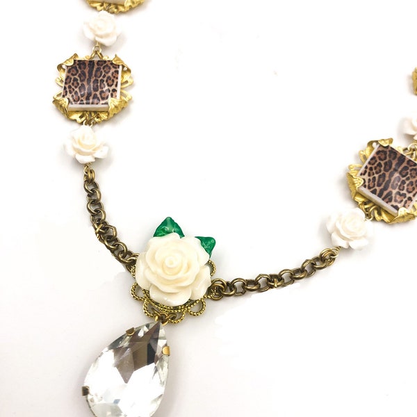 Leopard print tile necklace and white roses, Sicilian necklace, spotted tile and white roses. MADE TO ORDER