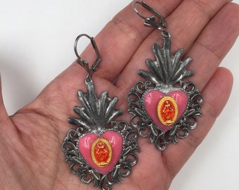 Earrings formerly voted silver oxidized, Sicilian earrings, sacred Victorian heart earrings, vintage style earrings. READY TO SHIP