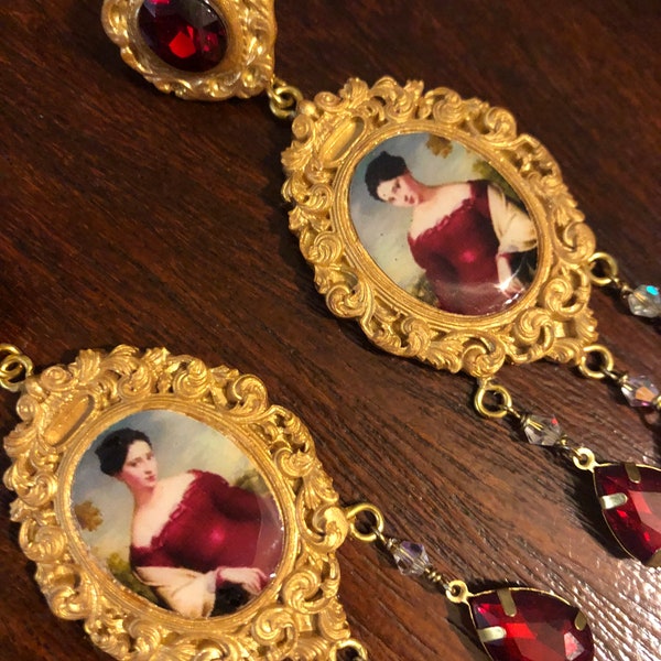Square earrings to wear, frame earrings with a painted young woman, the woman in red. MADE TO ORDER