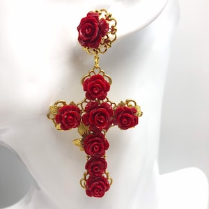 Baroque earrings with cross and roses, Sicilian earrings with cross and roses, filigree earrings with cross and red roses. MADE TO ORDER