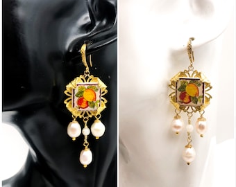 lemon and pomegranate earrings, Sicilian earrings, blue and yellow tile earrings, polymer ceramic earrings. MADE TO ORDER