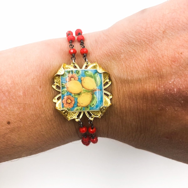 Armband mit Zitronenfliesen, sizilianisches Armband, minimalistisches Fliesenarmband, Majolika-Armband. SOFORT LIEFERBAR