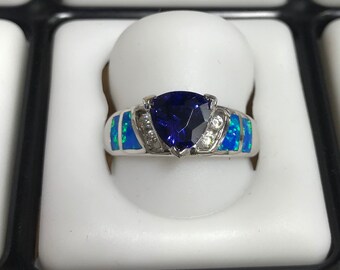 Vintage Sterling Silver Tanzanite /& Inlay Blue Opal Ring Set Size 9