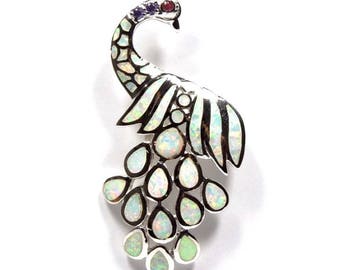 White Fire Opal Inlay Solid 925 Sterling Silver Large Size Peacock Pendant For Necklace