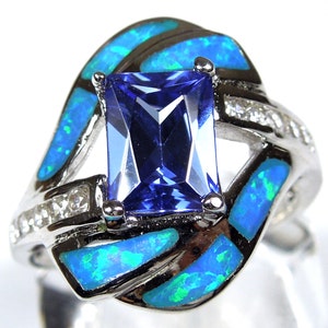 Sterling Silver Tanzanite & Blue Fire Opal Inlay Ring size 6 - 9