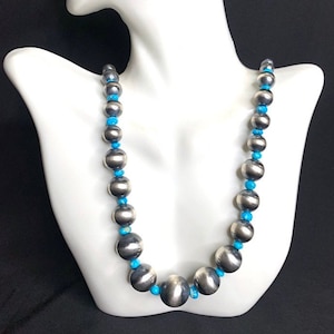 Graduated Navajo Pearl Bead Sterling Silver And Turquoise Necklace 20.5&quot; Long