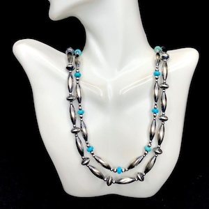 Sterlingzilveren Navajo-parelkralen en turquoise ketting Doornroosje 20&quot; lang