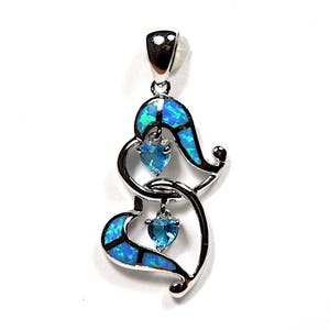 Blue Topaz & Blue Fire Opal Inlay 925 Sterling Silver Heart Pendant For Necklace