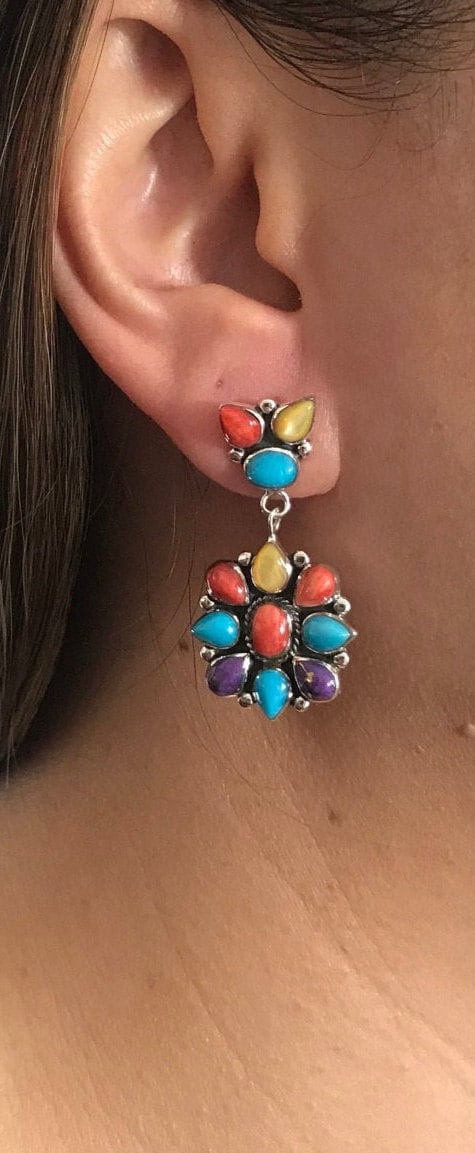 Multicolor 925 Sterling Silver Post Southwestern Style Earrings