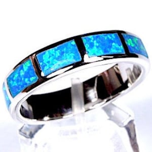 Blue Fire Opal Inlay 925 Sterling Silver Eternity Band Men&#39;s, Women&#39;s Ring Size 6-12. Wedding Band