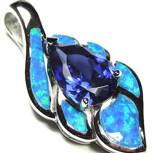 Tanzanite & Blue Fire Opal Pendant Necklace, Genuine Sterling Silver