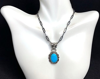 Handmade Sleeping Beauty Turquoise 925 Sterling Silver Pendant Necklace 18'' long.