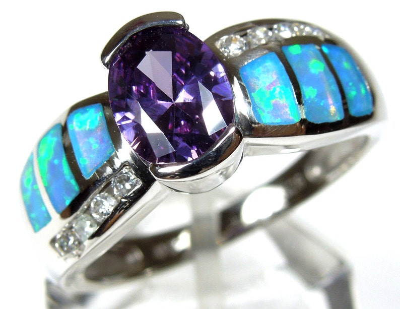 Amethyst & Blue Fire Opal Inlay Genuine 925 Sterling Silver Ring size 6,7,8,9 image 2