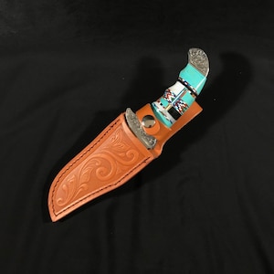 Big Stainless Steel Boot Knife with Multicolor Inlay & Turquoise 10-3/4&quot; Long
