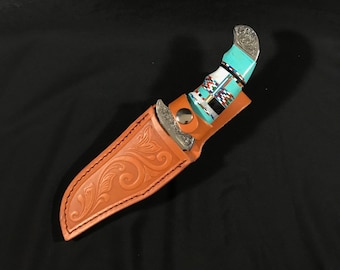 Big Stainless Steel Boot Knife with Multicolor Inlay & Turquoise 10-3/4&quot; Long