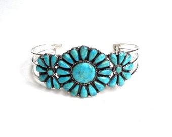 Kingman Turquoise Cluster Cuff Bracelet/ Genuine turquoise & Sterling Silver