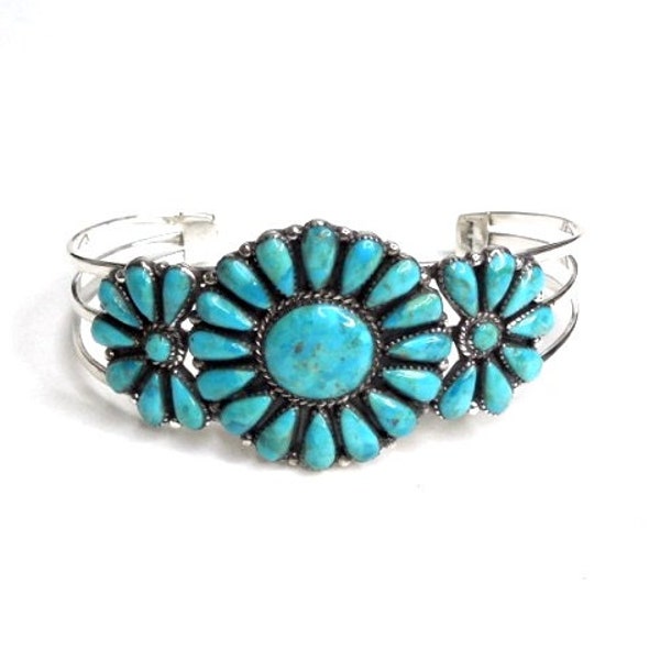 Kingman Turquoise Cluster Cuff Bracelet/ Genuine turquoise & Sterling Silver