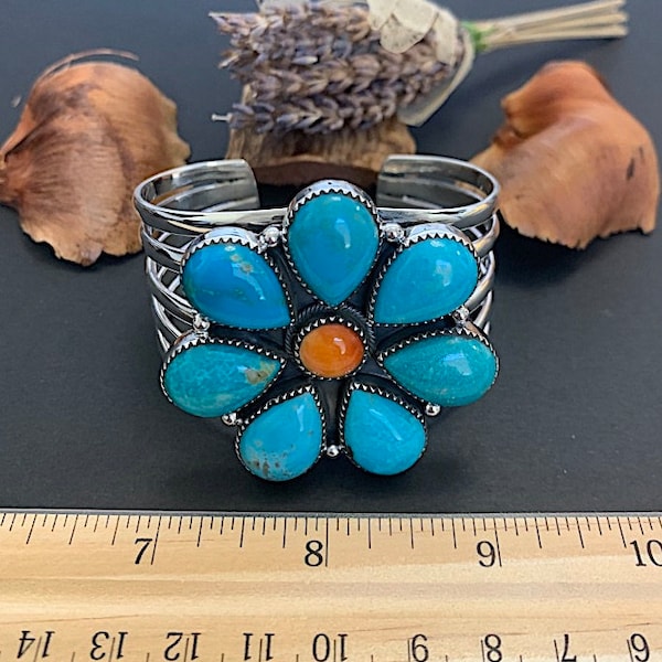 Kingman Turquoise & Spiny Oyster 925 Sterling Silver Cuff Bracelet, Cluster cuff. Adjustable