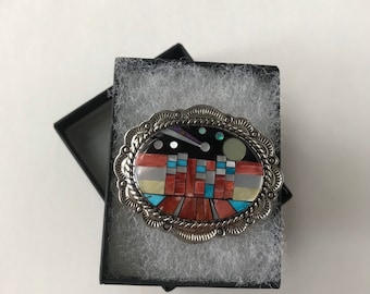 Large Multicolor Inlay Southwestern Style Genuine 925 Sterling Silver Brooch, Pendant