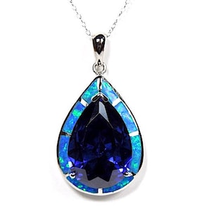 Enorme blauwe vuuropaal en tanzaniet ingelegd 925 sterlingzilveren hanger ketting 18". Gratis verzending in de VS