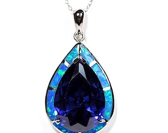 Huge Blue Fire Opal & Tanzanite Inlay 925 Sterling Silver Pendant Necklace 18''. Free shipping in USA