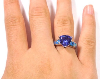 3 Carat Trillion Cut Tanzanite & Blue Fire Opal Inlay 925 Sterling Silver Ring Sizes 6,7,8,9
