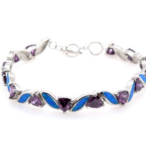 Amethyst & Blue Fire Opal Real 925 Sterling Silver Link Tennis Bracelet 7.25&quot;