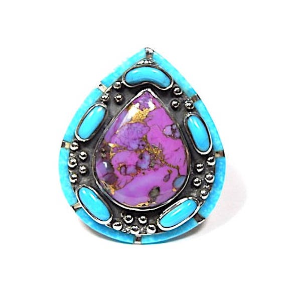 Sleeping Beauty and Purple Turquoise 925 Sterling Silver Southwestern Style Ring size 10