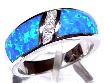 Blue Fire Opal Inlay 925 Sterling Silver Men&#39;s & Woman Band Ring Sizes 6 - 13