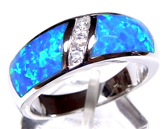 Blue Fire Opal Inlay 925 Sterling Silver Men's Woman Band Ring Sizes  13
