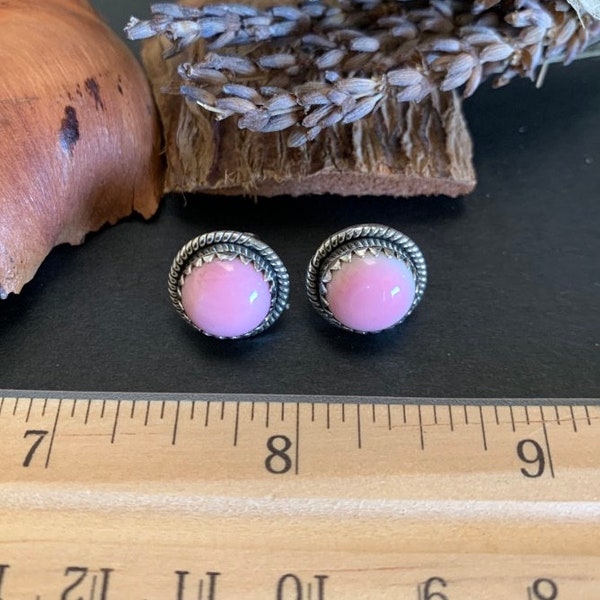 Handmade 10mm Round Pink Conch Shell, Cotton Candy, 925 Sterling Silver Stud Post Earrings