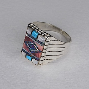Multicolor Inlay Genuine 925 Sterling Silver Men&#39;s Ring Size 13.5