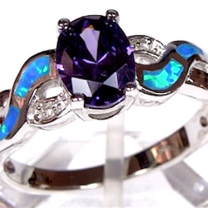 Amethyst & Blue Fire Opal Inlay Genuine 925 Sterling Silver Ring size 6 - 9