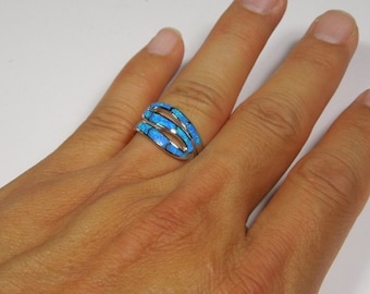 Blue Fire Opal Inlay Genuine 925 Sterling Silver Ring size 6,7,8,9