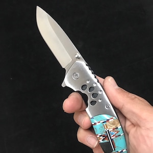 Single Blade Clip Pocket Knife with Multicolor Inlay & Turquoise 7-3/4&quot; Long Open. Southwest style
