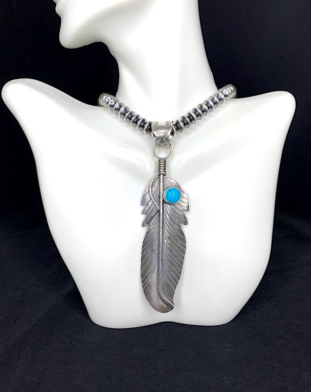 Item #1025A- Navajo Sleeping Beauty Turquoise Stamped/Textured Sterling Silver Variety Beaded Necklace by Em Teller