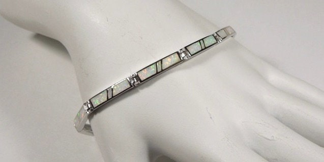 White Fire Opal Inlay 925 Sterling Silver Link Tennis Bracelet