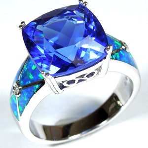 Huge Tanzanite & Blue Fire Opal Inlay 925 Sterling Silver Woman Ring size 6,7,8,9. Free Shipping in USA