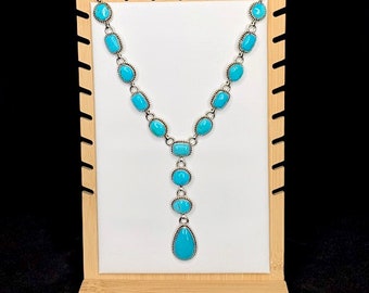 Kingman Turquoise Lariat necklace 26'' long. Navajo Handmade 925 Sterling Silver. Adjustable