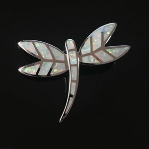 White Fire Opal Inlay 925 Sterling Silver Dragonfly Pendant Necklace- free ship in USA
